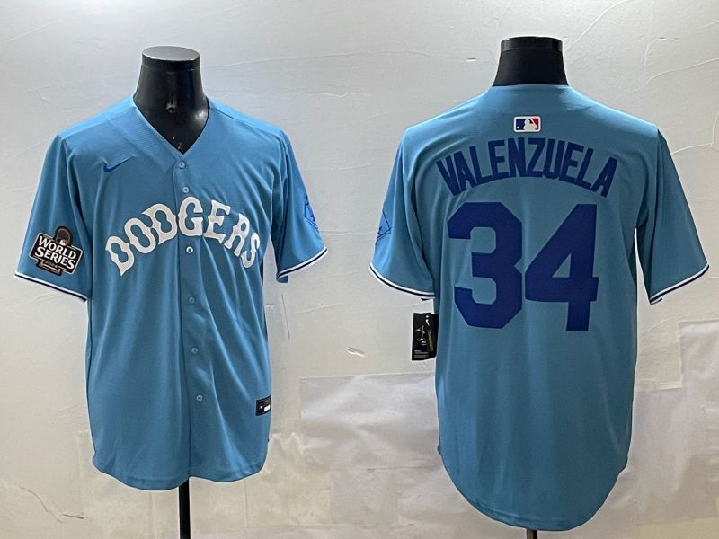 Men Los Angeles Dodgers #34 Valenzuela Light Blue Joint Name 2025 Nike MLB Jersey style 31614
